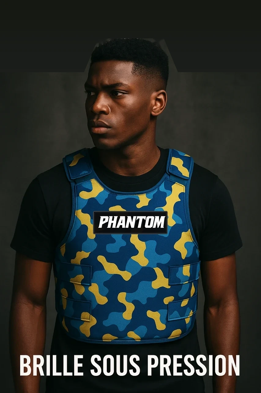 PHANTOM Blue/Yellow, gilet camouflage bleu et jaune porté