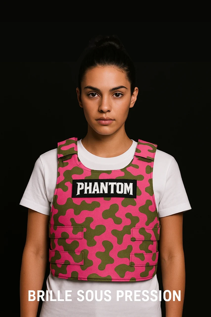 PHANTOM Pink/Green, gilet camouflage rose et vert porté